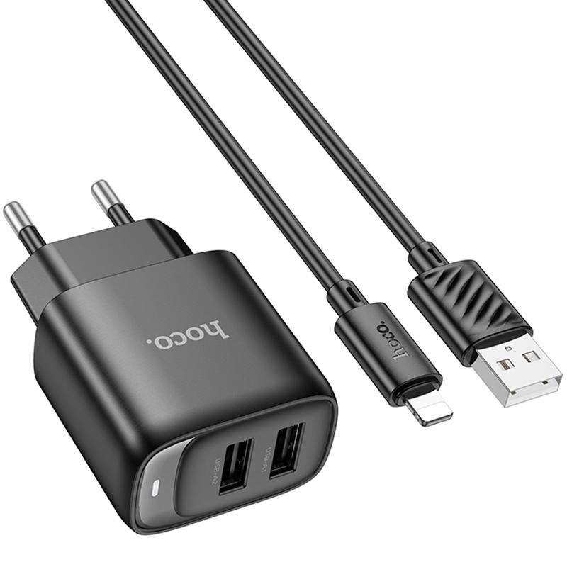 Мережевий зарядний пристрій Hoco C141A Smart 2.1A (2USB-A) + кабель USB to Lightning - Зображення 3
