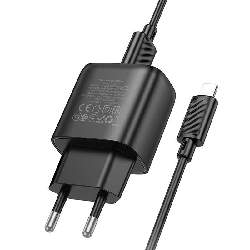 Мережевий зарядний пристрій Hoco C141A Smart 2.1A (2USB-A) + кабель USB to Lightning - Зображення 4