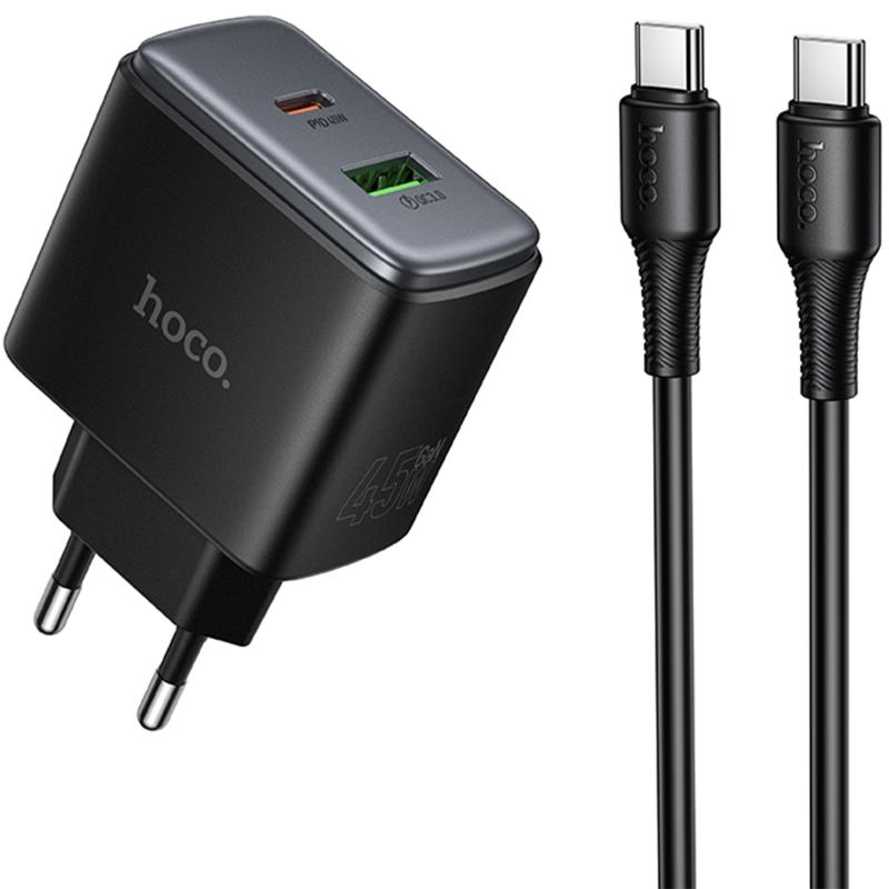 Мережевий зарядний пристрій Hoco C158A Upgrade PD45W (1USB-A/1C) + кабель Type-C to Type-C