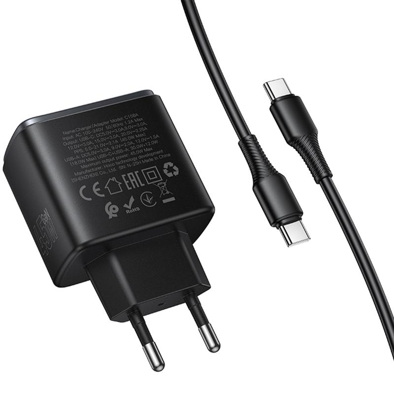 Мережевий зарядний пристрій Hoco C158A Upgrade PD45W (1USB-A/1C) + кабель Type-C to Type-C - Зображення 6
