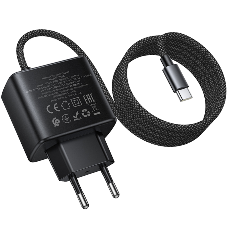 Мережевий зарядний пристрій Hoco C163A New PD25W (1USB-C) + встроенный кабель Type-C - Зображення 3