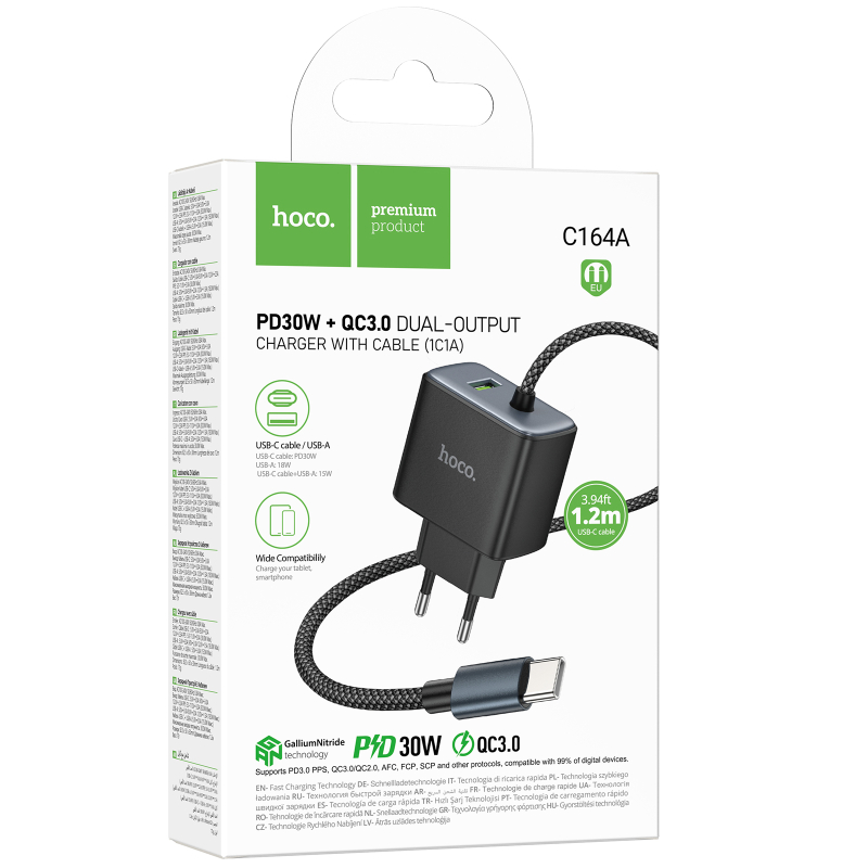 Мережевий зарядний пристрій Hoco C164A New PD30W+QC3.0 (1USB-A/1C) + встроенный кабель Type-C - Зображення 2