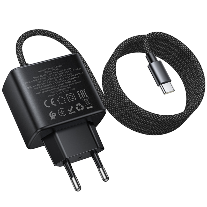 Мережевий зарядний пристрій Hoco C164A New PD30W+QC3.0 (1USB-A/1C) + встроенный кабель Type-C - Зображення 3