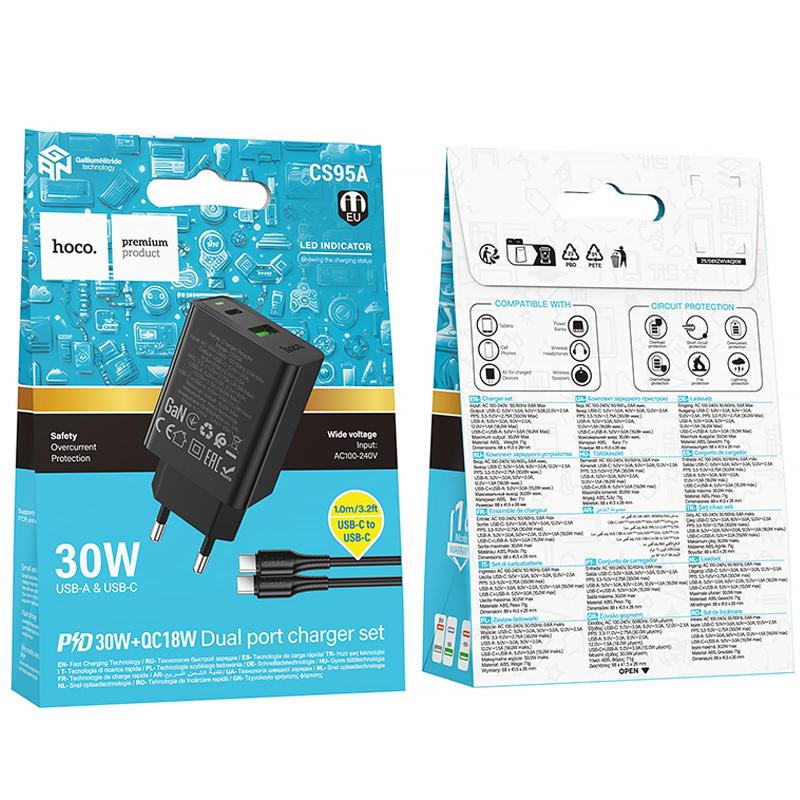 Мережевий зарядний пристрій Hoco CS95A Leader PD30W+QC3.0 (1USB-A/1C) + кабель Type-C to Type-C - Зображення 2