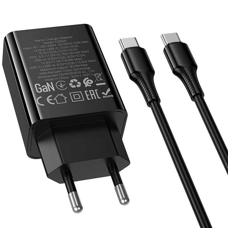 Мережевий зарядний пристрій Hoco CS95A Leader PD30W+QC3.0 (1USB-A/1C) + кабель Type-C to Type-C - Зображення 6