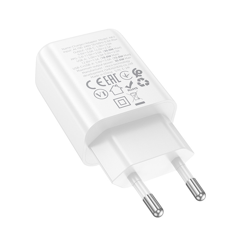 Мережевий зарядний пристрій Hoco N63 Gentle PD30W+QC3.0 (1USB-A/1C) + кабель Type-C to Type-C - Зображення 4