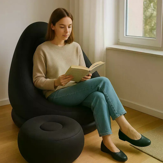 Надувное кресло с пуфом для отдыха AIR SOFA велюровое Black - Зображення 5