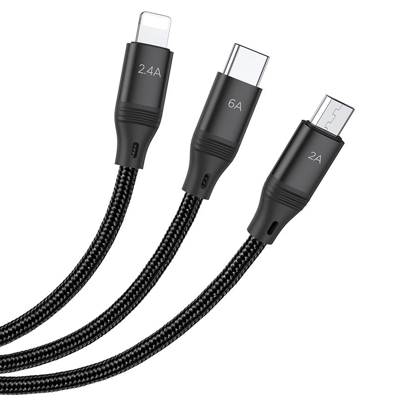 Дата кабель Hoco U104 Ultra 3in1 USB to Lightning/Type-C/MicroUSB 66W (1.2m) - Зображення 3