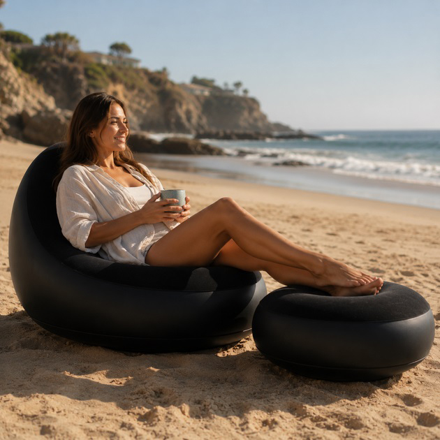 Надувное кресло с пуфом для отдыха AIR SOFA велюровое Black - Зображення 6