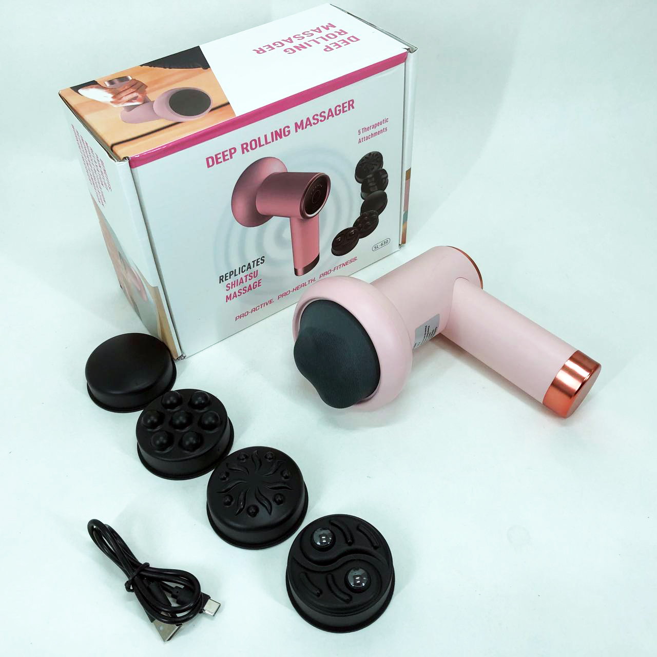 Масажер антицелюлітний для тіла рук та ніг 4 насадки 6 швидкостей Deep Rolling Massager. Колір: рожевий - Зображення 6
