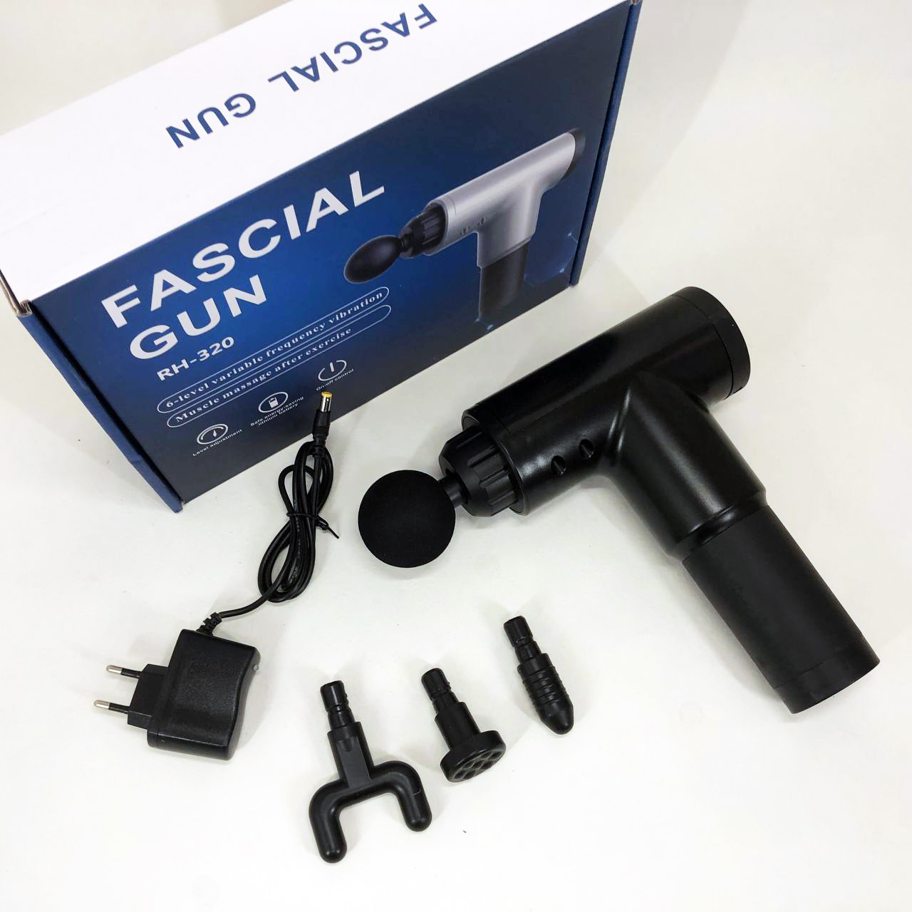 Акумуляторний масажер Fascial Gun KH-320 портативний ручний ударний м'язовий пістолет 4 насадки чорний - Зображення 2
