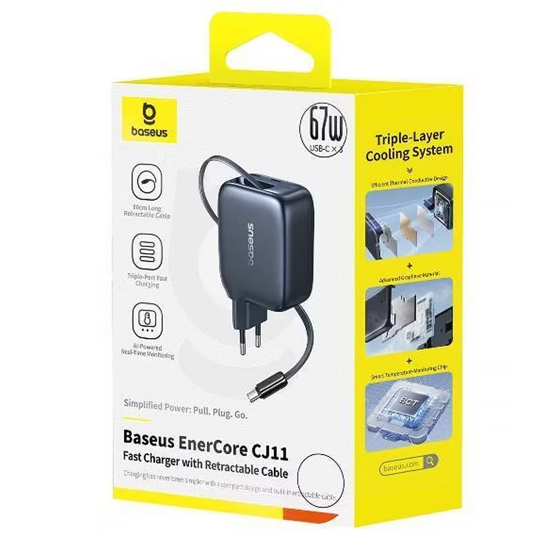 Мережевий зарядний пристрій Baseus EnerCore CJ11 PD67W with retractable cable (3USB-C) (E0121E) - Зображення 3