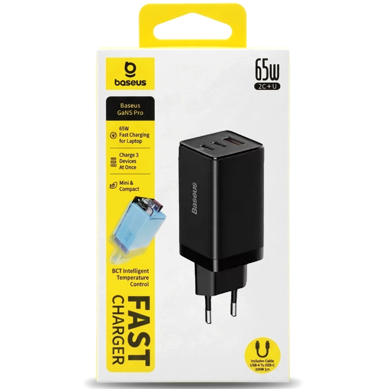 Мережевий зарядний пристрій Baseus GaN5 Pro PD65W+QC3.0 (1USB-A/2C) + кабель Type-C to Type-C (CCGP12020) - Зображення 5
