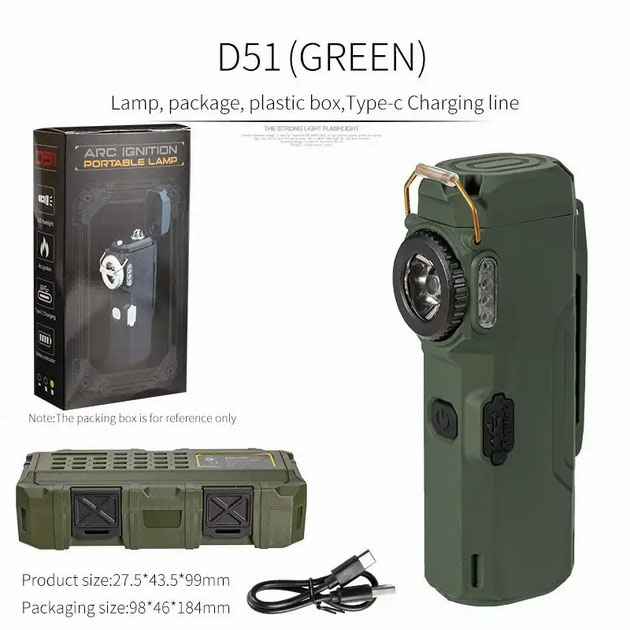 Ліхтарик-запальничка армійська MULTIFUNCTIONAL D51-COB, Запальничка на подарунок в упаковці. Колір: зелений - Зображення 6