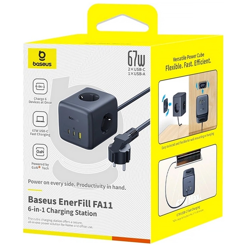 Подовжувач Baseus EnerFill FA11 PD67W+QC3.0 (1USB-A/2C/2Socket) (1.5m) (EFMF67) - Зображення 2