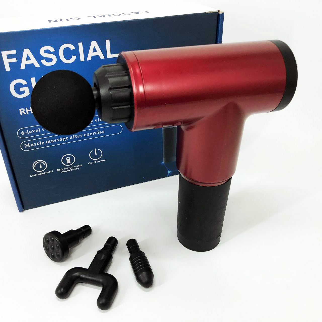 Акумуляторний масажер Fascial Gun KH-320 портативний ручний ударний м'язовий пістолет 4 насадки червоний - Зображення 2