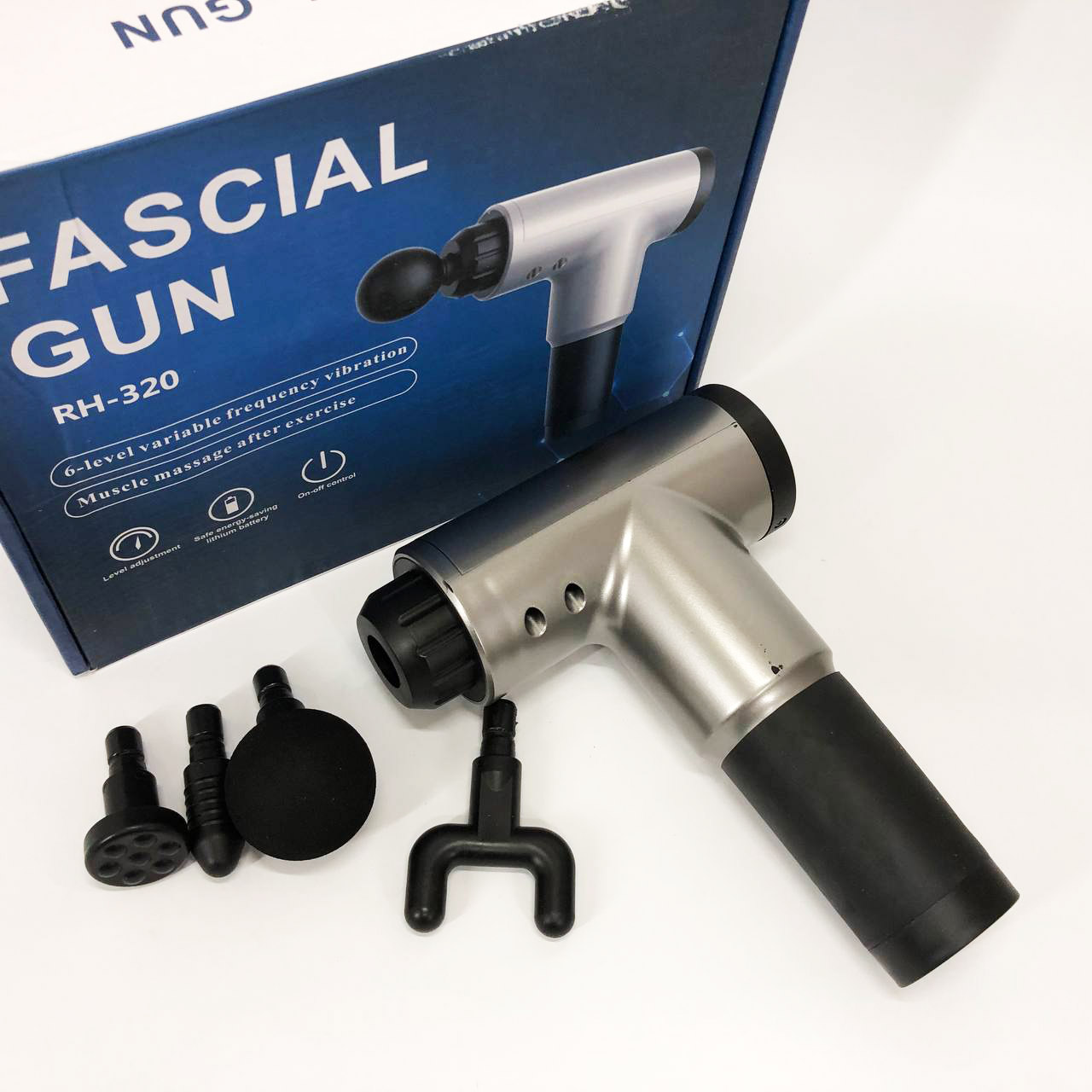 Акумуляторний масажер Fascial Gun KH-320 портативний ручний ударний м'язовий пістолет 4 насадки сірий - Зображення 2
